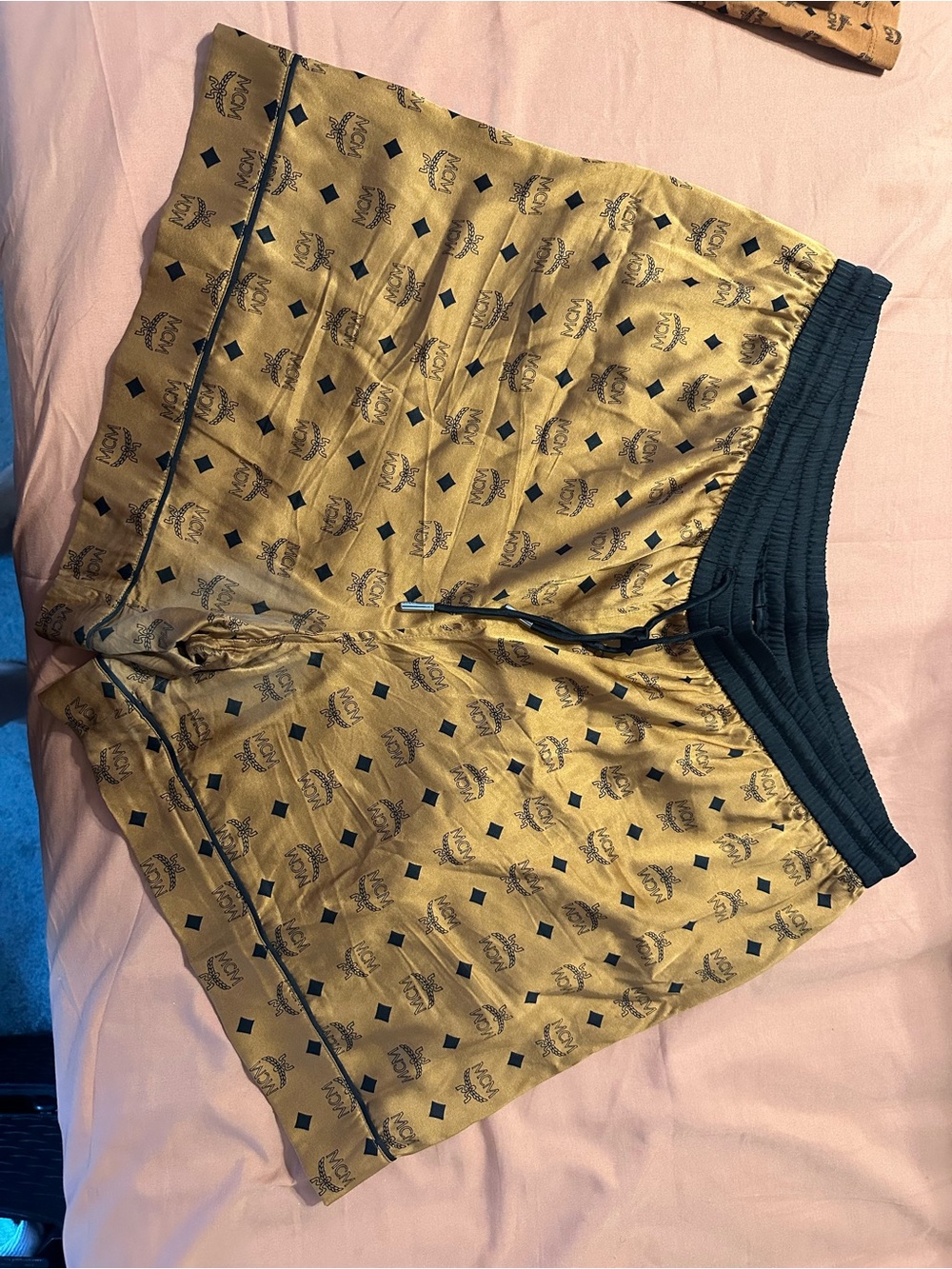 MCM Gold Satin Shorts with Black Trim and Monogram